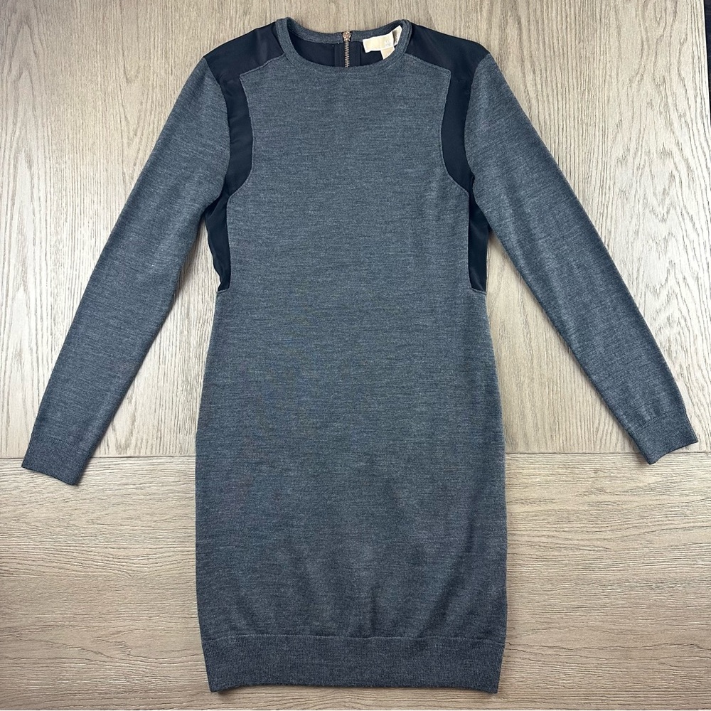 XS Michael Kors Merino Wool Sweater Dress Gray Colorblock Long Sleeve Sheath NWT